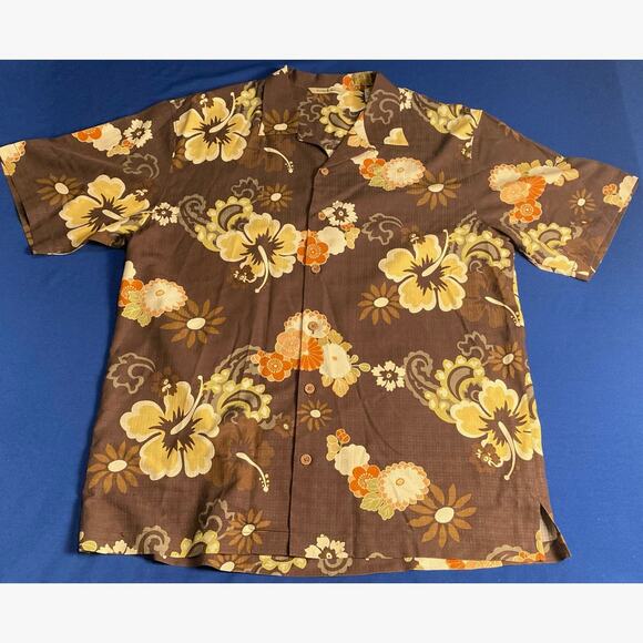 Tommy Bahama Mens 100% Silk Hawaiian Style Shirt Size L Dark Brown Floral - Picture 1 of 13